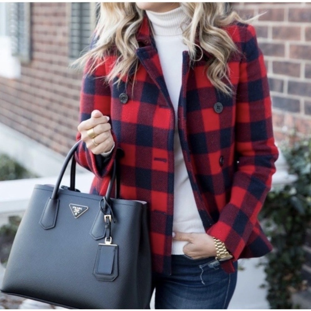 J Crew Wool Blend Double Breasted Peacoat Buffalo Plaid Women 6 Red Blue Classic